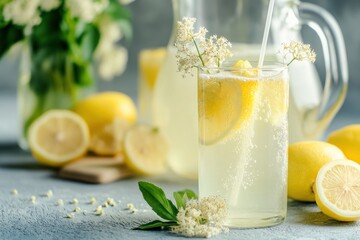 A glass of homemade lemonade with elderflower lemon and sparkling water with a pitcher behind Vertical frame with empty space