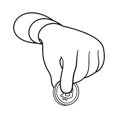 Hand Holding a Bitcoin Coin Vector Illustration. The Bitcoin symbol (₿) is prominently visible on the coin, representing cryptocurrency and digital finance.