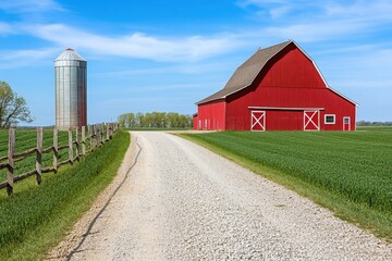 A gravel path divides a red barn and silo on a family farm set against a blue sky and green grass