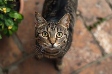 Obraz premium A house cat on a cork floor intently stares at the camera embodying curiosity and elegance