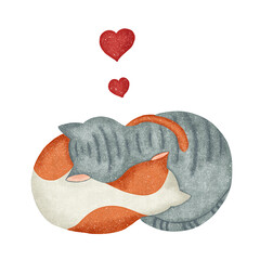 Two cats hugging lovingly. Hand drawn postcard.