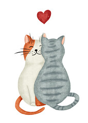 Two cats hugging lovingly. Hand drawn postcard.