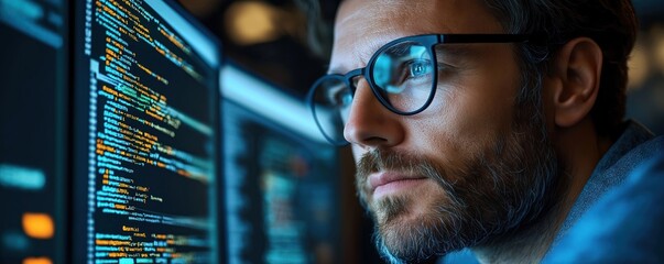 Focused engineer programs carbon capture software. Close-up view of complex code on multiple monitors. Modern tech used for eco-friendly solutions. Engineer concentrates on software improvement.