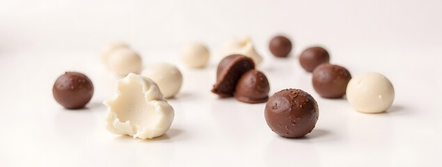 Assorted milk, dark, and white chocolate truffles on a white surface
