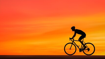 Silhouette of Cyclist Riding Against Vibrant Sunset Background