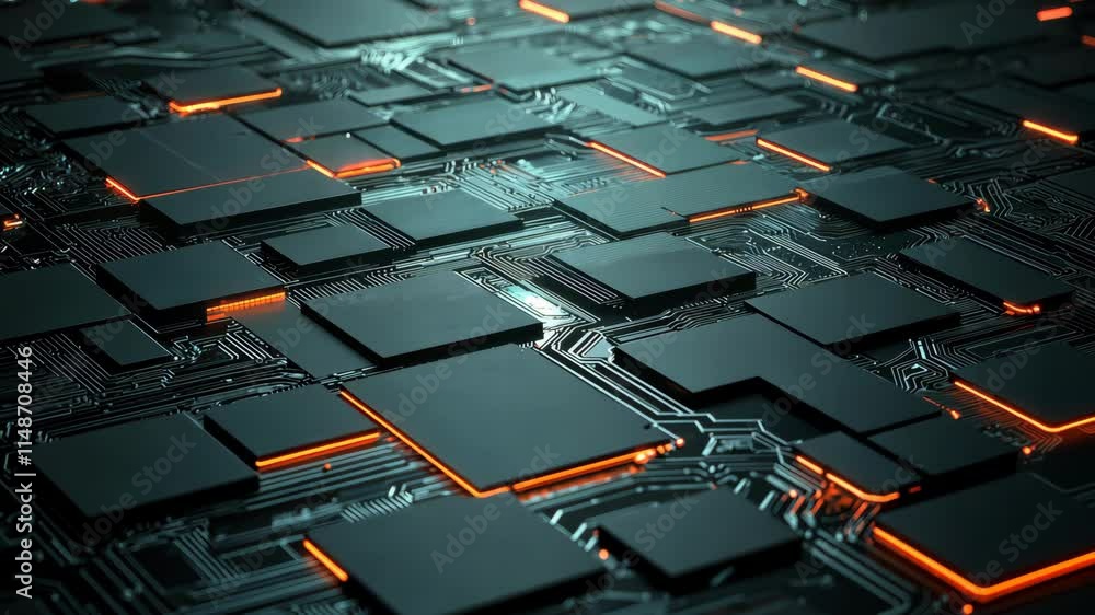 Poster futuristic digital circuit board with glowing elements and complex patterns