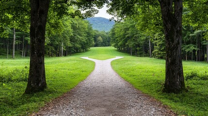 Fork in the road, path diverging in lush green forest.