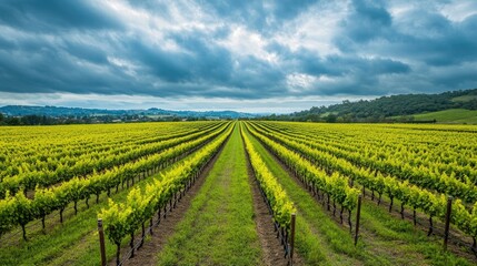 Vast vineyard rows under a dramatic sky.