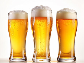 Beautifully arranged is beers on white background. Glasses of chilled golden beers isolated empty on white background. Party Beers. Mockup for drink.