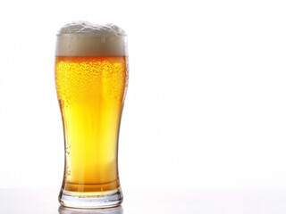 A chilled golden beers isolated blank for text on white background. Pint glass. Mockup for drink.