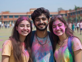 Students celebrate Holi festival on a vibrant college campus in India with colored powders and joyful expressions