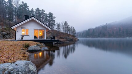 Obraz premium Cozy lakeside cabin with warm interior lights, reflecting in calm water at dusk.