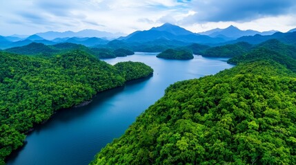 Aerial view of a lush, green landscape featuring mountains and a serene lake, under a cloudy sky.