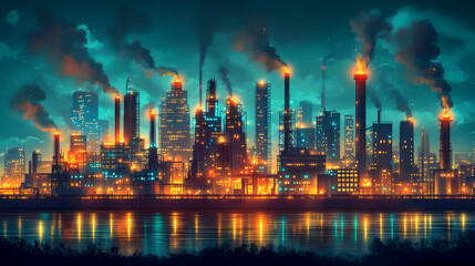 City skyline at night illuminated by industrial lights and smoke rising from factories by a river