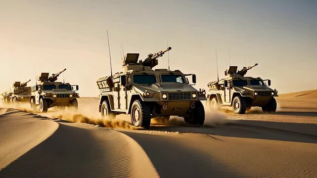 Armored Military Vehicles Driving Through Desert Sands in Formation During Sunset

