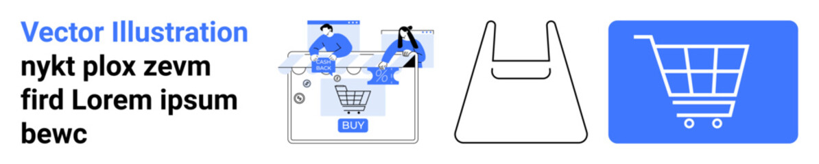 Business team engaged in digital transactions, outline of reusable shopping bags, and icon of a shopping cart. Ideal for e-commerce, sustainability, teamwork, digital payments, retail marketing
