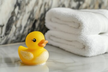 A small yellow duck and white towels on the bathroom counter children s bathing items baby essentials blank area for text