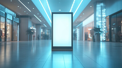 Obraz premium Empty shopping mall corridor with illuminated signage and modern architecture during the evening hours