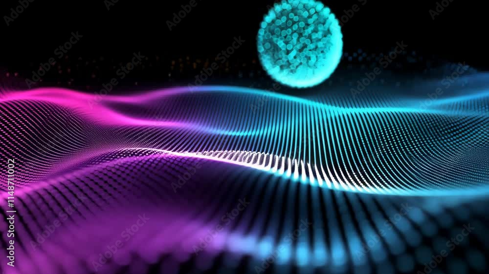 Aufkleber vibrant 3d floating waves in blue and pink with abstract digital patterns