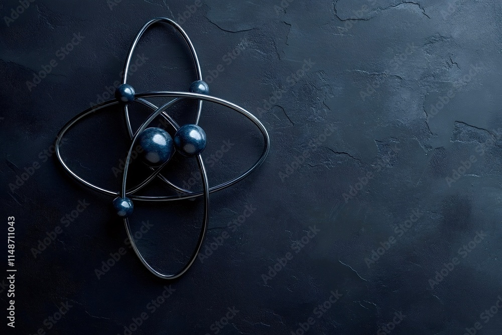 Poster atom model electrons rotating around nucleus on dark background