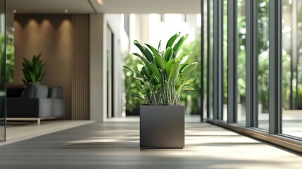 A modern interior featuring a potted plant in a spacious, well-lit environment.