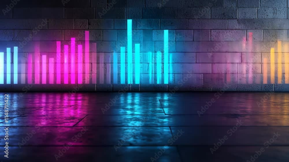 Poster futuristic visual sound wave display with vibrant light and reflections on floor