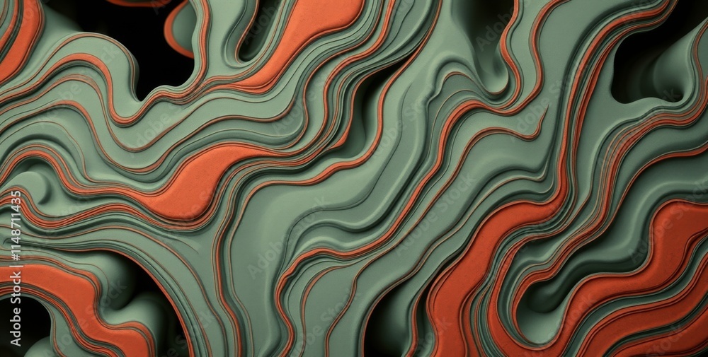 Poster a green and orange wave pattern with a black background. the pattern is abstract and has a sense of 
