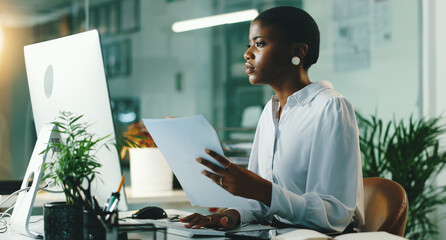Office, black woman and computer with document for reading, case information and research at law...