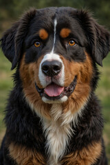 Summer dog portrait, on green grass background