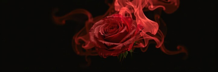 Naklejka premium Single red rose engulfed in swirling red smoke against a stark black background, romantic,element,red rose