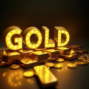 Shiny Gold Bars and Coins with Lit Gold Letters Spelling Out 'GOLD'
