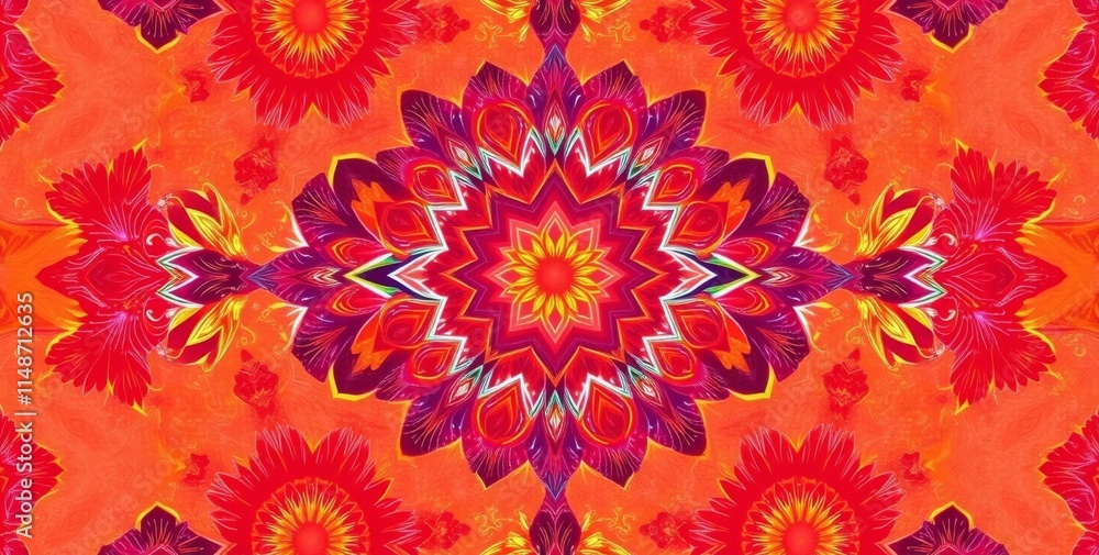 Aufkleber a colorful, abstract floral pattern with a red background. the pattern is made up of many small flow