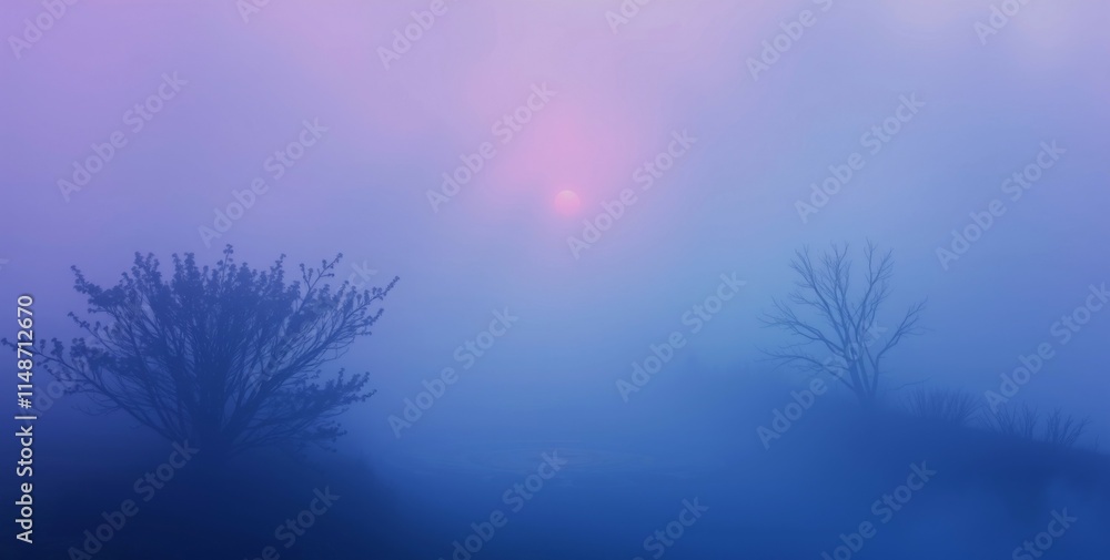 Poster a foggy forest with a tree in the foreground and a tree in the background. the sky is a deep blue co