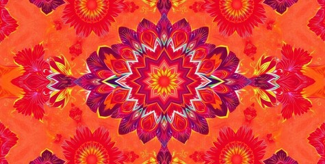 A colorful, abstract floral pattern with a red background. The pattern is made up of many small flowers and leaves, and the colors are bright and vibrant. Scene is cheerful and lively