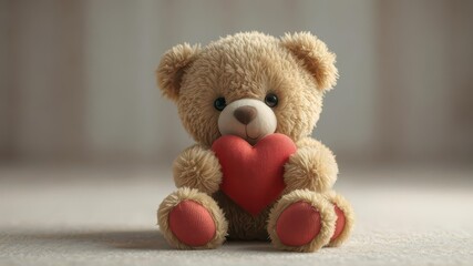 Obraz premium Soft brown teddy bear clutching a red heart, brown bear, huggable