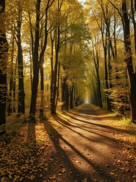Sun-dappled forest path, golden leaves, autumnal light, fall, mystical, crisp