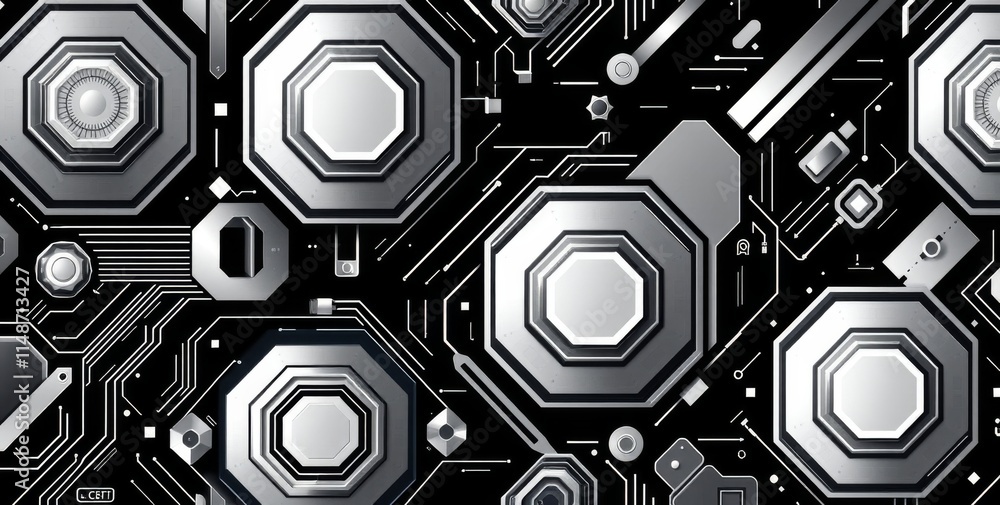 Poster a black and white image of a circuit board with many small squares and circles. the image is abstrac