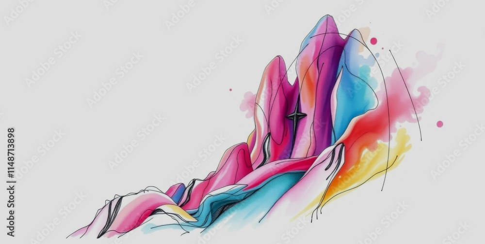 Poster a mountain range with a cross on it. the mountains are in different colors and the cross is in the m