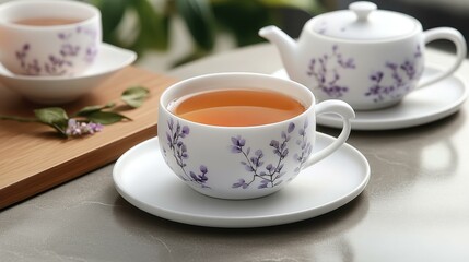 Porcelain Cup. White porcelain tea cup lavender design hot beverage mo