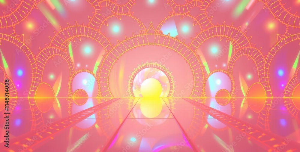 Poster a pink background with a yellow circle in the middle. the circle is surrounded by many other circles