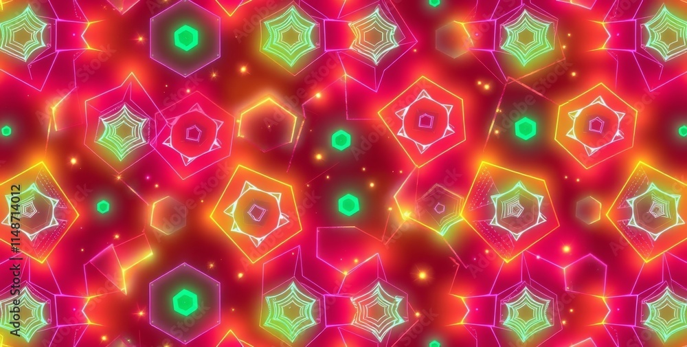 Poster a colorful, abstract pattern of squares and triangles in a bright red background. the colors are neo