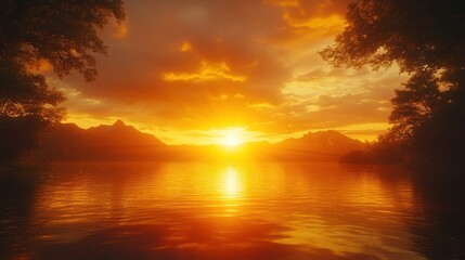 Fototapeta premium Fiery sunset over a tranquil lake and mountains.