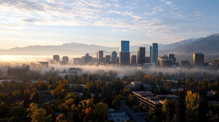 City Skyline Shrouded in Smog with Mountains in the Background