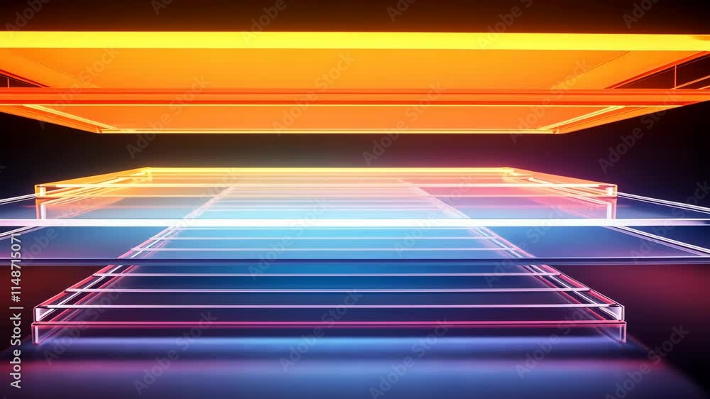 Poster futuristic layered platforms with neon glow in dynamic digital environment