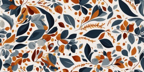 A colorful leafy pattern with blue and orange leaves. The leaves are scattered all over the background