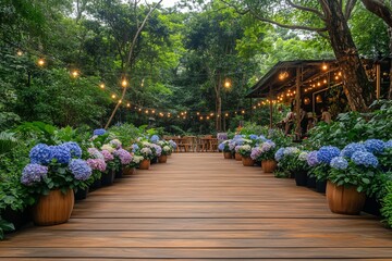 Fototapeta premium Lush Wooden Pathway Lined A serene wooden walkway lined with vibrant hydrangea bushes in various shades of blue and purple leads to a rustic-style gazebo in a lush, green forest setting.