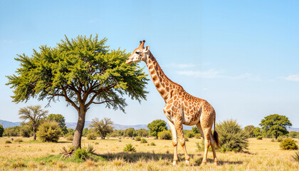 Fototapeta premium A giraffe stretches its long neck to browse leaves on a tree in a vast savanna setting