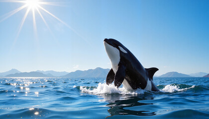 Fototapeta premium An orca leaps from the water, showcasing its strength and grace against a clear blue sky