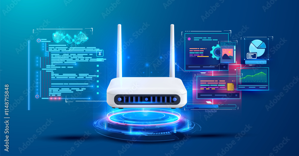 Leinwandbilder A sleek white wireless router stands in the center, surrounded by glowing graphics and charts representing data analytics and network monitoring, reflecting technological advancement.