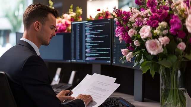 Working IT developer reading coding on document paper software with screens pc at modern office on coding application screens, creating updated program firmware information version concept. Gusher.